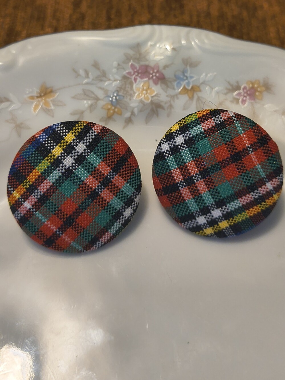 1980s Preppy Tartan Plaid Fabric Button design Large Earrings